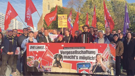 Mehrere Politikerinnen und Politiker der Partei DIE LINKE sehen auf einer Demonstration um ein Plakat, auf dem steht: Vergesellschaftung macht's möglich.